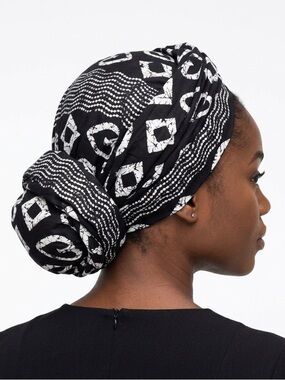 African Print Headwrap: Black & White Hearts